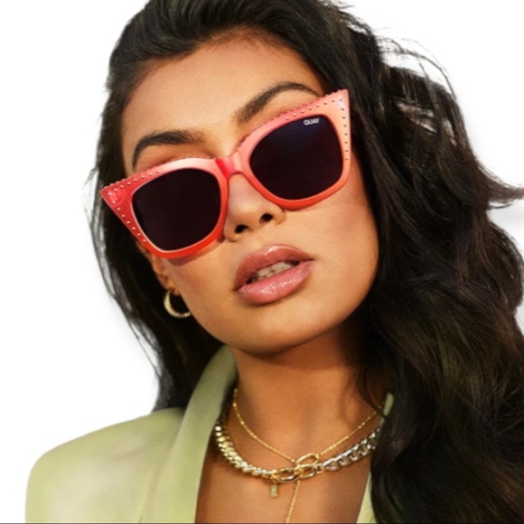 QUAY Harper Sunglasses Studded Coral Pink Frame Smoke Blackout Lenses Cateye - Picture 6 of 13